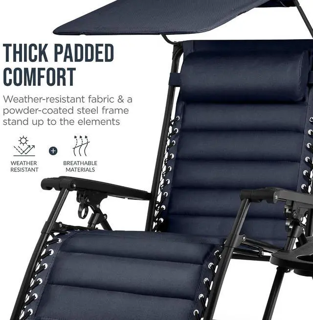 Alt view image 6 of 7 - Oversized Padded Zero Gravity Chair w/Canopy Headrest Cup Holder Side Tray, Folding Outdoor Patio Recliner Lounger - Navy Blue