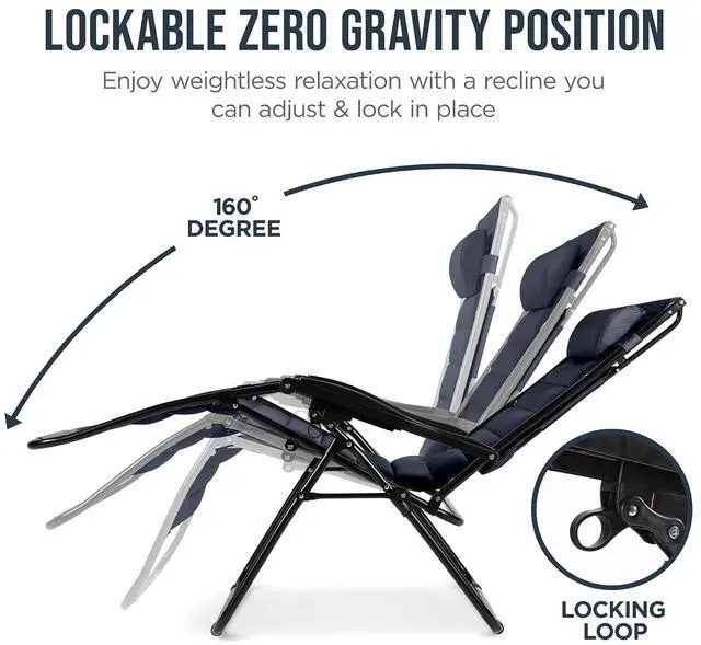 Alt view image 7 of 7 - Oversized Padded Zero Gravity Chair w/Canopy Headrest Cup Holder Side Tray, Folding Outdoor Patio Recliner Lounger - Navy Blue
