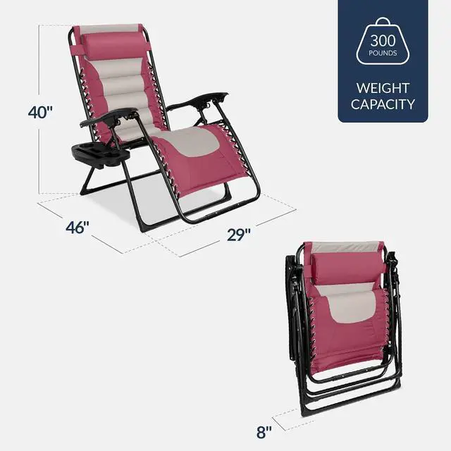Alt view image 3 of 7 - Oversized Padded Zero Gravity Chair, Folding Outdoor Patio Recliner, XL Anti Gravity Lounger for Backyard w/Headrest, Cup Holder, Side Tray, Polyester Mesh - Pink/Taupe