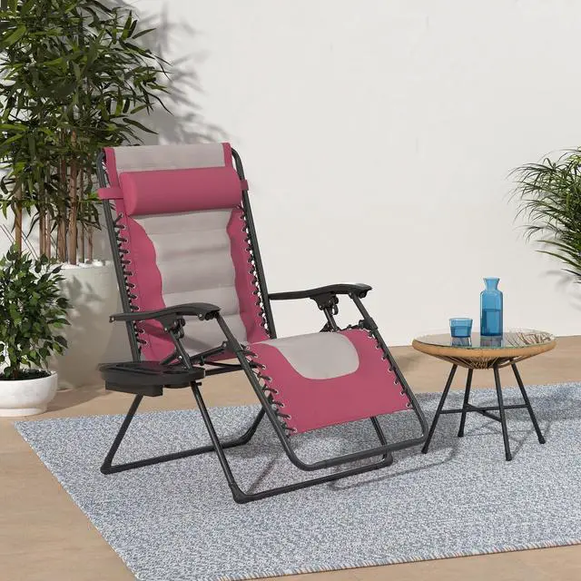 Alt view image 2 of 7 - Oversized Padded Zero Gravity Chair, Folding Outdoor Patio Recliner, XL Anti Gravity Lounger for Backyard w/Headrest, Cup Holder, Side Tray, Polyester Mesh - Pink/Taupe