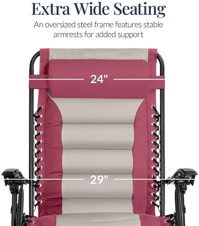 Alt view image 4 of 7 - Oversized Padded Zero Gravity Chair, Folding Outdoor Patio Recliner, XL Anti Gravity Lounger for Backyard w/Headrest, Cup Holder, Side Tray, Polyester Mesh - Pink/Taupe