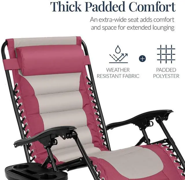 Alt view image 5 of 7 - Oversized Padded Zero Gravity Chair, Folding Outdoor Patio Recliner, XL Anti Gravity Lounger for Backyard w/Headrest, Cup Holder, Side Tray, Polyester Mesh - Pink/Taupe