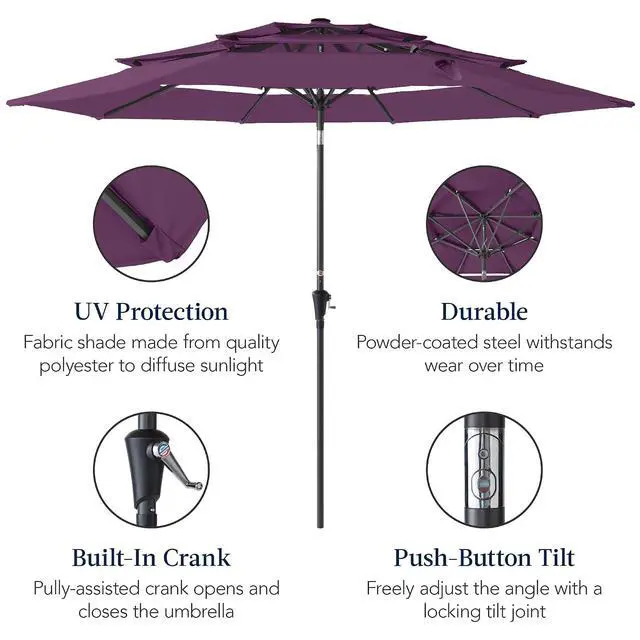 Alt view image 6 of 7 - 10ft 3-Tier Market Patio Umbrella, Outdoor Sun Shade with Tilt, Crank Lift, 8 Ribs for Backyard, Deck, Poolside Amethyst Purple
