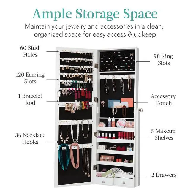 Alt view image 2 of 7 - Freestanding Jewelry Armoire Cabinet, Full Length Standing Mirror, Lockable Makeup Storage Organizer, w/Velvet Lining, 3 Angles, Lock, Accessory Pouch, 5 Shelves - White