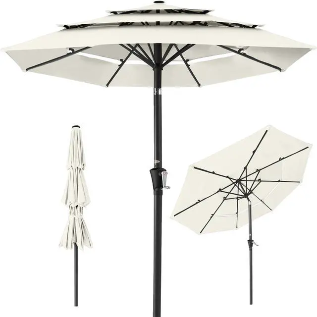 Main image of 10ft 3-Tier Market Patio Umbrella, Outdoor Sun Shade with Tilt, Crank Lift, 8 Ribs for Backyard, Deck, Poolside Ivory