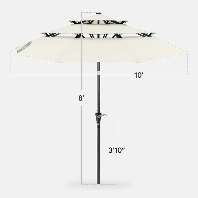 Alt view image 2 of 7 - 10ft 3-Tier Market Patio Umbrella, Outdoor Sun Shade with Tilt, Crank Lift, 8 Ribs for Backyard, Deck, Poolside Ivory
