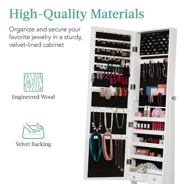 Alt view image 5 of 7 - Freestanding Jewelry Armoire Cabinet, Full Length Standing Mirror, Lockable Makeup Storage Organizer, w/Velvet Lining, 3 Angles, Lock, Accessory Pouch, 5 Shelves - White