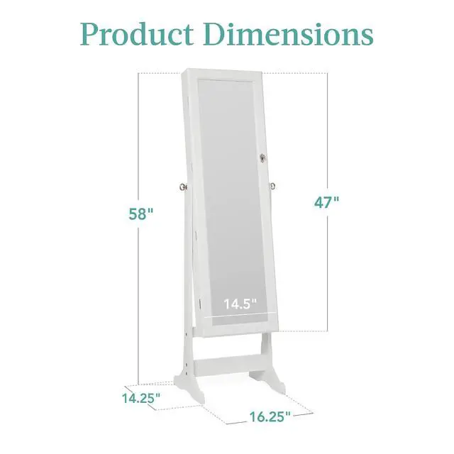 Alt view image 7 of 7 - Freestanding Jewelry Armoire Cabinet, Full Length Standing Mirror, Lockable Makeup Storage Organizer, w/Velvet Lining, 3 Angles, Lock, Accessory Pouch, 5 Shelves - White