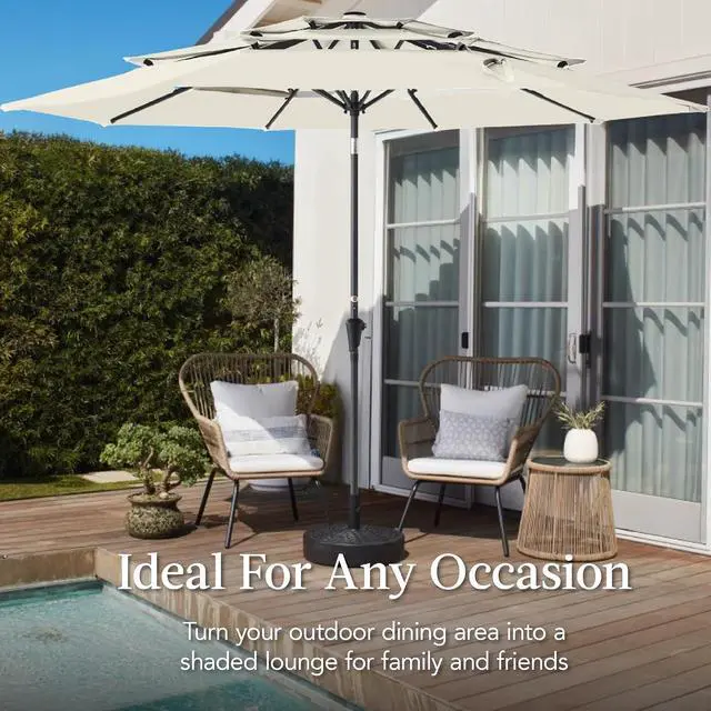 Alt view image 4 of 7 - 10ft 3-Tier Market Patio Umbrella, Outdoor Sun Shade with Tilt, Crank Lift, 8 Ribs for Backyard, Deck, Poolside Ivory
