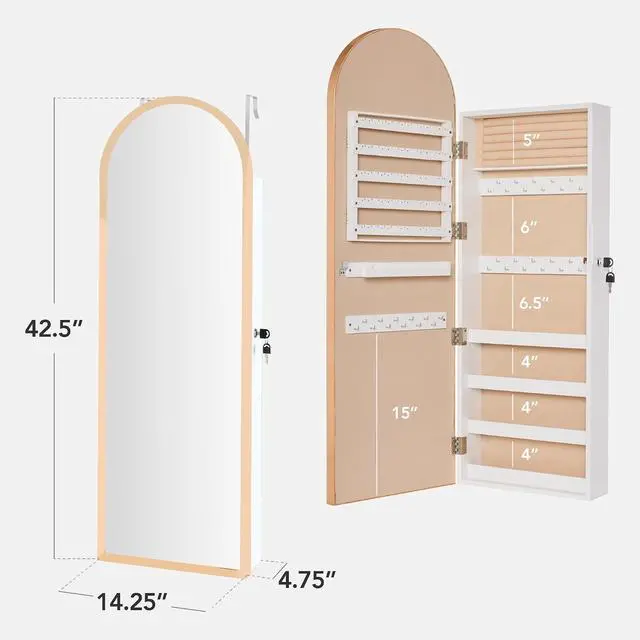 Alt view image 2 of 7 - Arch Mirror Jewelry Cabinet, Jewelry Storage Organizer, Armoire, Lockable Wall or Door Mountable, Full-Length Mirror - Gold