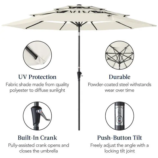 Alt view image 6 of 7 - 10ft 3-Tier Market Patio Umbrella, Outdoor Sun Shade with Tilt, Crank Lift, 8 Ribs for Backyard, Deck, Poolside Ivory