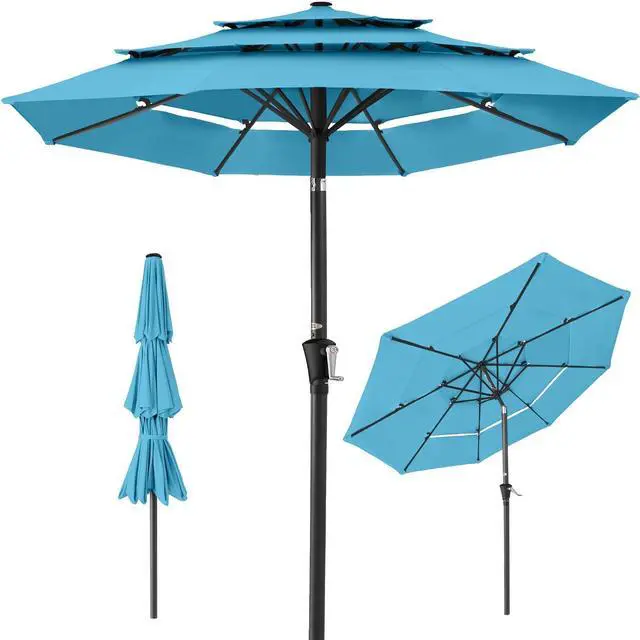 Main image of 10ft 3-Tier Market Patio Umbrella, Outdoor Sun Shade with Tilt, Crank Lift, 8 Ribs for Backyard, Deck, Poolside Sky Blue