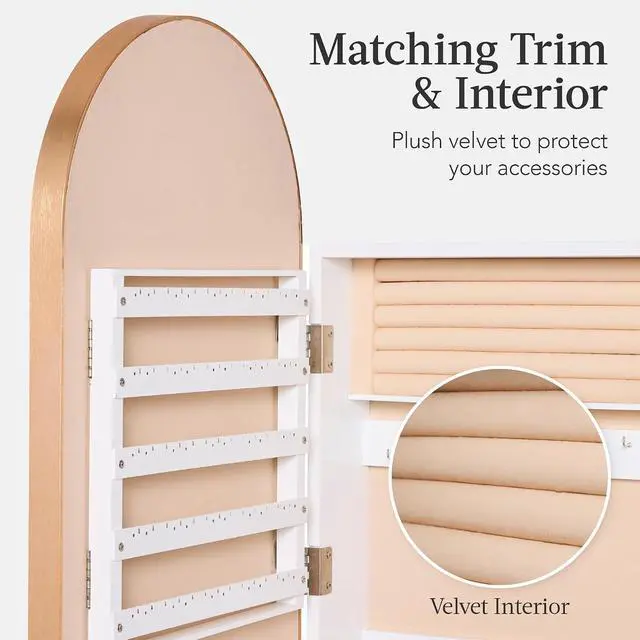 Alt view image 4 of 7 - Arch Mirror Jewelry Cabinet, Jewelry Storage Organizer, Armoire, Lockable Wall or Door Mountable, Full-Length Mirror - Gold