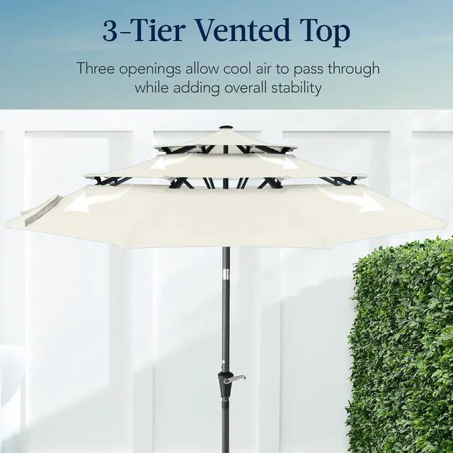 Alt view image 3 of 7 - 10ft 3-Tier Market Patio Umbrella, Outdoor Sun Shade with Tilt, Crank Lift, 8 Ribs for Backyard, Deck, Poolside Ivory