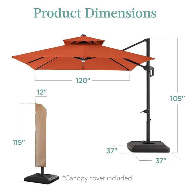 Alt view image 7 of 7 - 10x10ft Cantilever Patio Umbrella w/Base Included, Solar LED Lights 360 Rotation Large Offset Hanging Outdoor Shade for Deck Pool Backyard w/Stand Rust