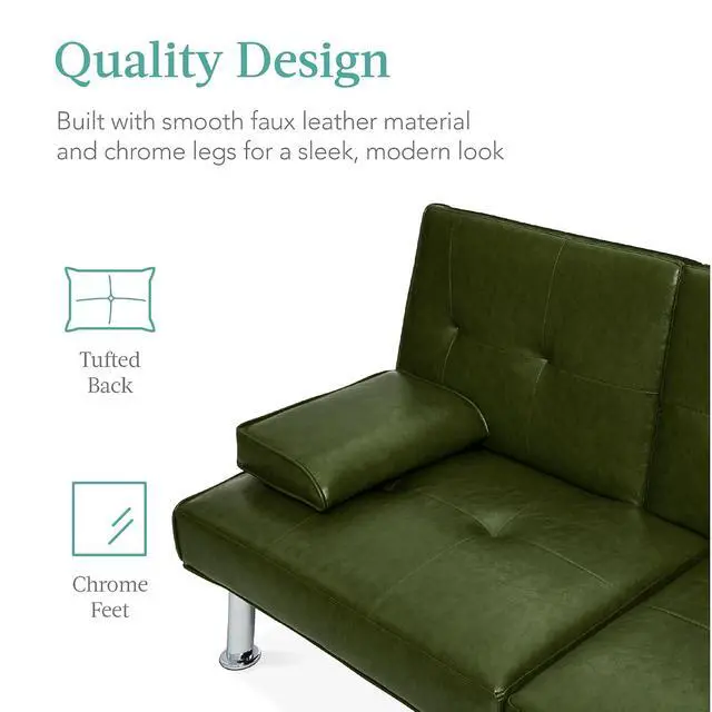 Alt view image 7 of 7 - Faux Leather Upholstered Modern Convertible Futon, Adjustable Folding Sofa Bed, Guest Bed w/Removable Armrests - Dark Green