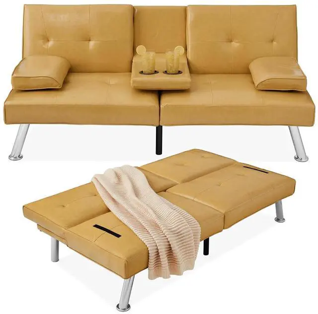 Main image of Faux Leather Upholstered Modern Convertible Futon, Adjustable Folding Sofa Bed, Guest Bed w/Removable Armrests - Camel Yellow