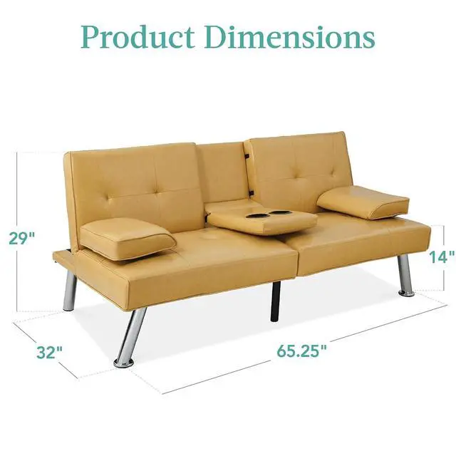 Alt view image 2 of 7 - Faux Leather Upholstered Modern Convertible Futon, Adjustable Folding Sofa Bed, Guest Bed w/Removable Armrests - Camel Yellow