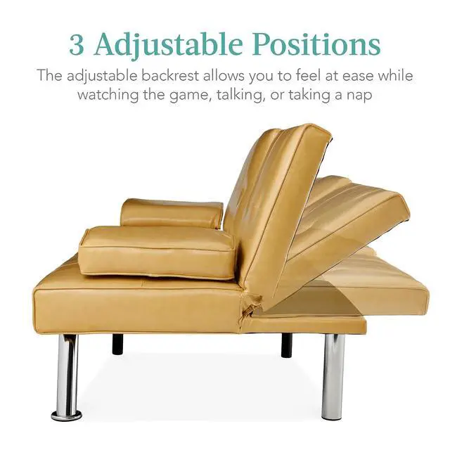 Alt view image 3 of 7 - Faux Leather Upholstered Modern Convertible Futon, Adjustable Folding Sofa Bed, Guest Bed w/Removable Armrests - Camel Yellow