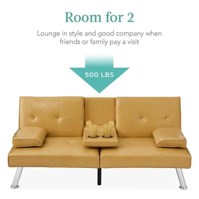 Alt view image 4 of 7 - Faux Leather Upholstered Modern Convertible Futon, Adjustable Folding Sofa Bed, Guest Bed w/Removable Armrests - Camel Yellow