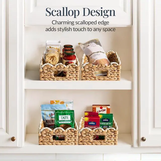 Alt view image 3 of 7 - 9x12 Scalloped Shelf Baskets, Woven Storage Bins, Storage Organizers for Pantry, Living Room, Bedroom, Nursery & Laundry, 4 Pack - Natural with White Trim
