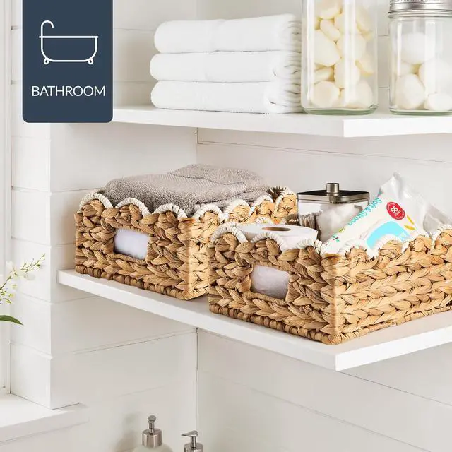Alt view image 5 of 7 - 9x12 Scalloped Shelf Baskets, Woven Storage Bins, Storage Organizers for Pantry, Living Room, Bedroom, Nursery & Laundry, 4 Pack - Natural with White Trim