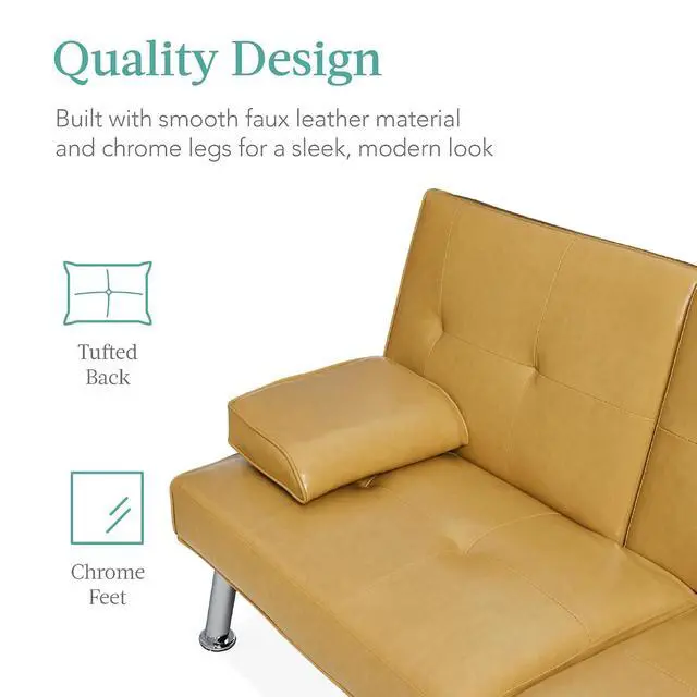 Alt view image 6 of 7 - Faux Leather Upholstered Modern Convertible Futon, Adjustable Folding Sofa Bed, Guest Bed w/Removable Armrests - Camel Yellow