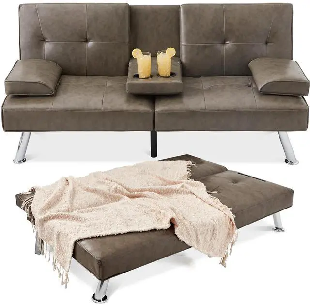 Main image of Faux Leather Upholstered Modern Convertible Futon, Adjustable Folding Sofa Bed, Guest Bed w/Removable Armrests - Gray
