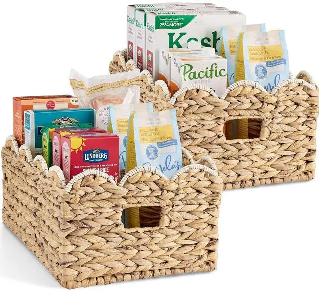 Main image of 16x12 Scalloped Shelf Baskets, Woven Storage Bins, Storage Organizers for Pantry, Living Room, Bedroom, Nursery & Laundry, 2 Pack - Natural with White Trim