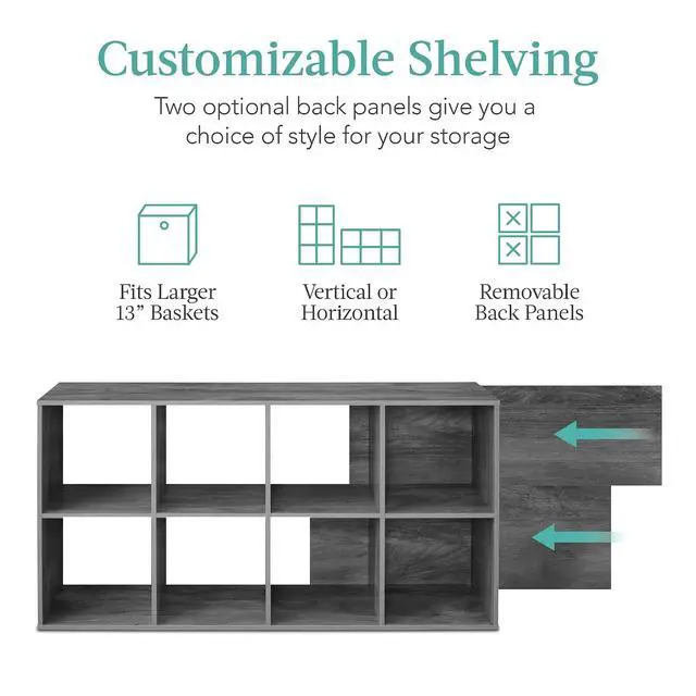 Alt view image 3 of 7 - Best Choice Products 8-Cube Storage Organizer, 13.5in Shelf Opening, Bookcase, Display Shelf, Customizable w/ 2 Removable Back Panels Dark Gray