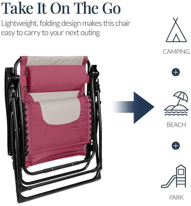 Alt view image 6 of 7 - Oversized Padded Zero Gravity Chair, Folding Outdoor Patio Recliner, XL Anti Gravity Lounger for Backyard w/Headrest, Cup Holder, Side Tray, Polyester Mesh - Pink/Taupe