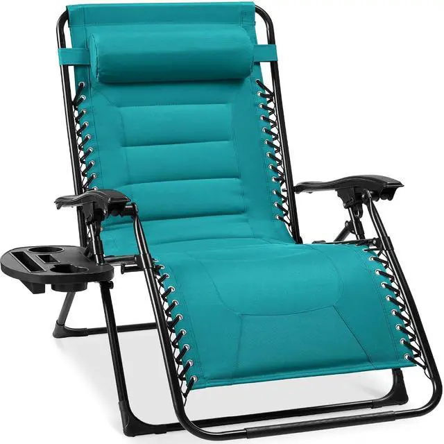Main image of Oversized Padded Zero Gravity Chair, Folding Outdoor Patio Recliner, XL Anti Gravity Lounger for Backyard w/Headrest, Cup Holder, Side Tray, Polyester Mesh - Peacock Blue
