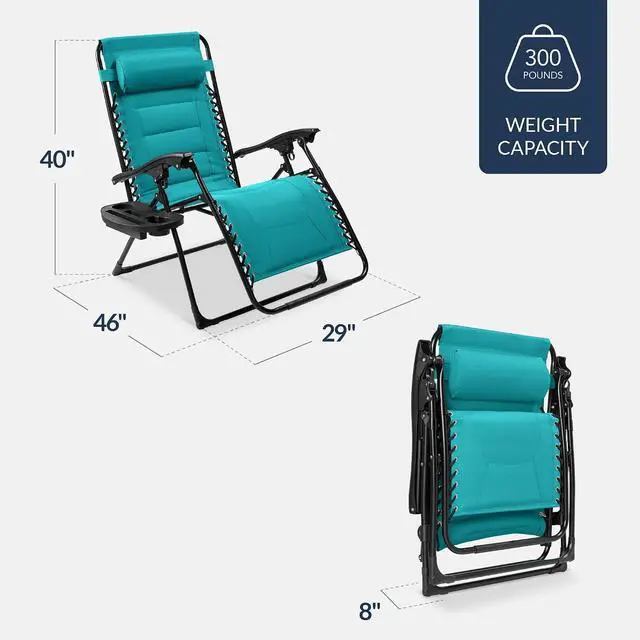 Alt view image 2 of 7 - Oversized Padded Zero Gravity Chair, Folding Outdoor Patio Recliner, XL Anti Gravity Lounger for Backyard w/Headrest, Cup Holder, Side Tray, Polyester Mesh - Peacock Blue