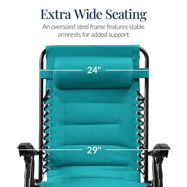 Alt view image 3 of 7 - Oversized Padded Zero Gravity Chair, Folding Outdoor Patio Recliner, XL Anti Gravity Lounger for Backyard w/Headrest, Cup Holder, Side Tray, Polyester Mesh - Peacock Blue