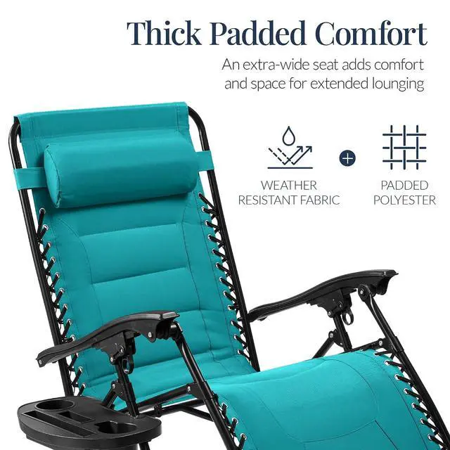 Alt view image 4 of 7 - Oversized Padded Zero Gravity Chair, Folding Outdoor Patio Recliner, XL Anti Gravity Lounger for Backyard w/Headrest, Cup Holder, Side Tray, Polyester Mesh - Peacock Blue