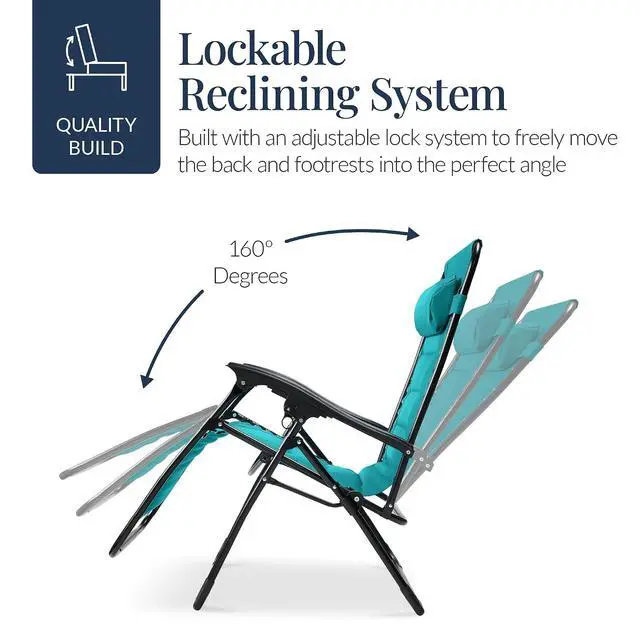 Alt view image 7 of 7 - Oversized Padded Zero Gravity Chair, Folding Outdoor Patio Recliner, XL Anti Gravity Lounger for Backyard w/Headrest, Cup Holder, Side Tray, Polyester Mesh - Peacock Blue