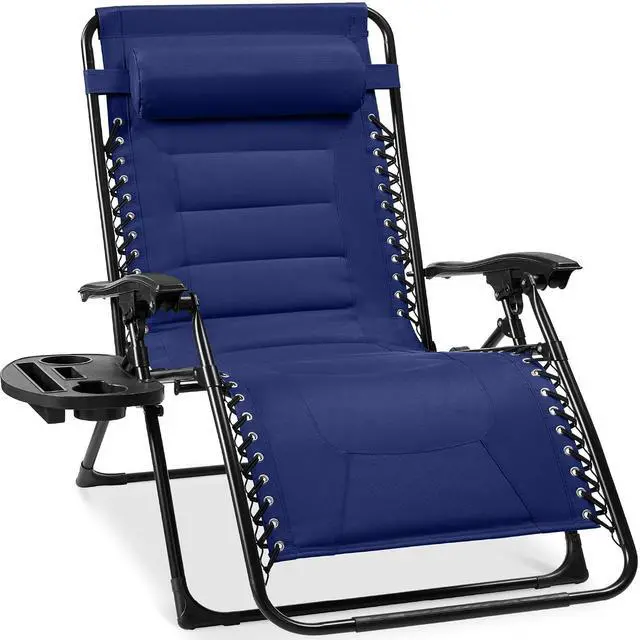 Main image of Oversized Padded Zero Gravity Chair, Folding Outdoor Patio Recliner, XL Anti Gravity Lounger for Backyard w/Headrest, Cup Holder, Side Tray, Polyester Mesh - Cobalt Blue