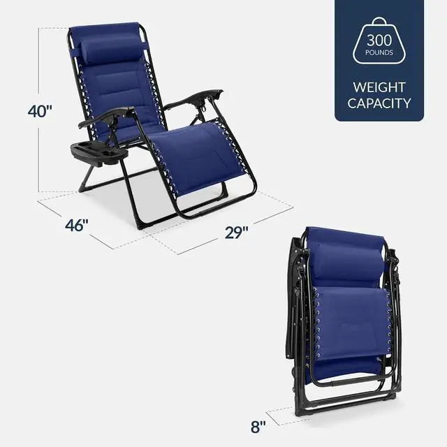 Alt view image 2 of 7 - Oversized Padded Zero Gravity Chair, Folding Outdoor Patio Recliner, XL Anti Gravity Lounger for Backyard w/Headrest, Cup Holder, Side Tray, Polyester Mesh - Cobalt Blue
