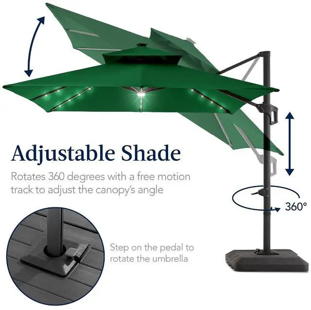 Alt view image 5 of 7 - 9x12ft LED Cantilever Patio Umbrella w/Base Included & 360° Rotation, Large Solar Offset Hanging Outdoor Sun Shade for Deck, Backyard Table w/Stand & Lights Green