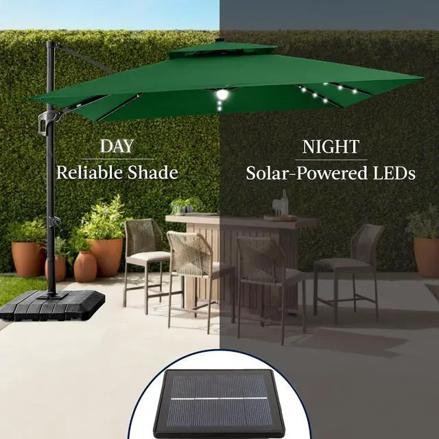 Alt view image 6 of 7 - 9x12ft LED Cantilever Patio Umbrella w/Base Included & 360° Rotation, Large Solar Offset Hanging Outdoor Sun Shade for Deck, Backyard Table w/Stand & Lights Green
