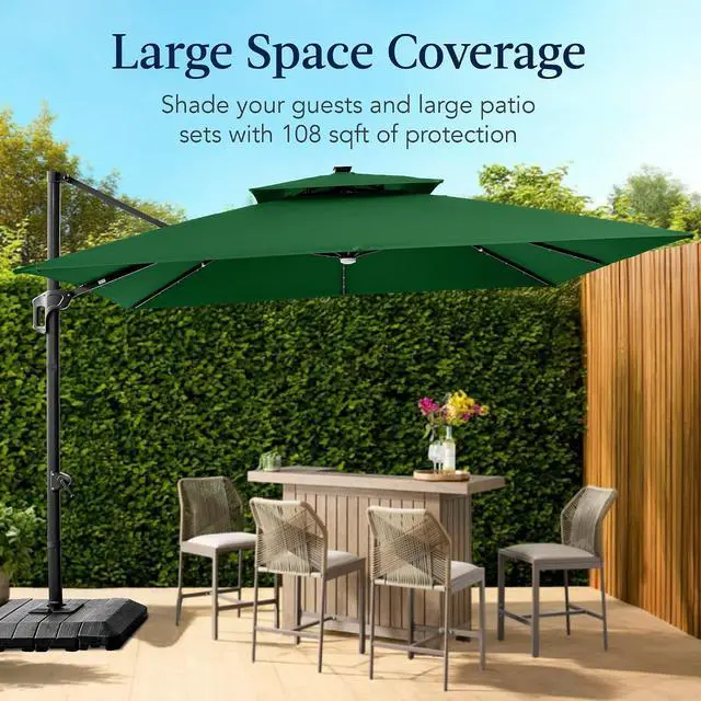 Alt view image 4 of 7 - 9x12ft LED Cantilever Patio Umbrella w/Base Included & 360° Rotation, Large Solar Offset Hanging Outdoor Sun Shade for Deck, Backyard Table w/Stand & Lights Green