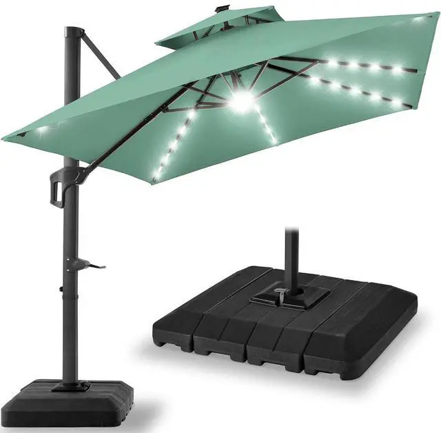 Main image of 10x10ft Cantilever Patio Umbrella w/Base Included, Solar LED Lights 360 Rotation Large Offset Hanging Outdoor Shade for Deck Pool Backyard w/Stand Seaglass
