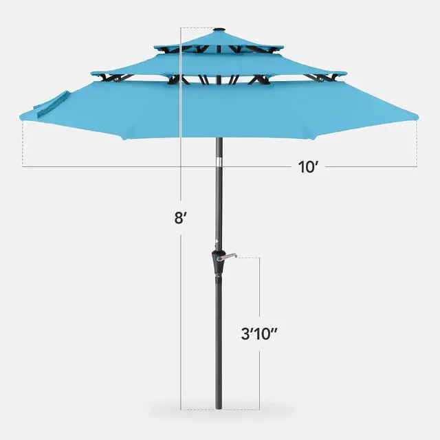 Alt view image 2 of 7 - 10ft 3-Tier Market Patio Umbrella, Outdoor Sun Shade with Tilt, Crank Lift, 8 Ribs for Backyard, Deck, Poolside Sky Blue