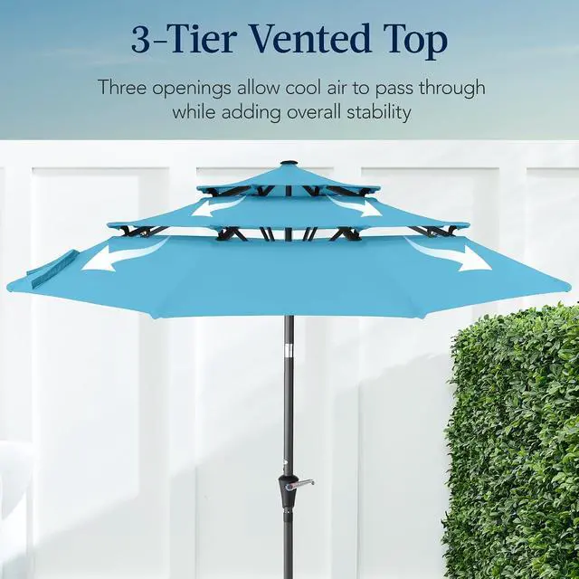 Alt view image 3 of 7 - 10ft 3-Tier Market Patio Umbrella, Outdoor Sun Shade with Tilt, Crank Lift, 8 Ribs for Backyard, Deck, Poolside Sky Blue
