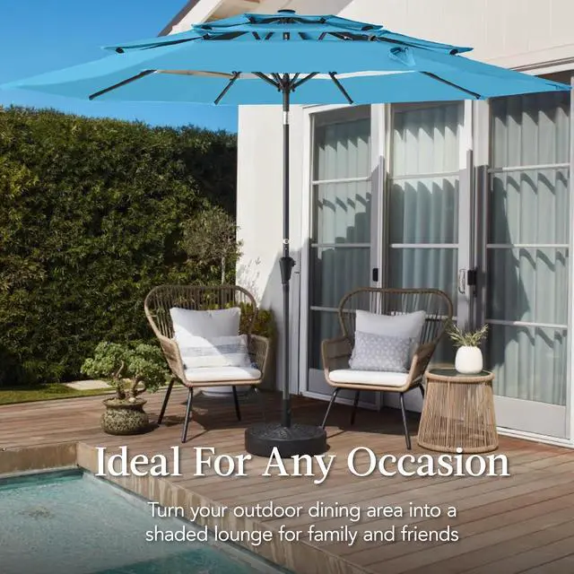 Alt view image 4 of 7 - 10ft 3-Tier Market Patio Umbrella, Outdoor Sun Shade with Tilt, Crank Lift, 8 Ribs for Backyard, Deck, Poolside Sky Blue