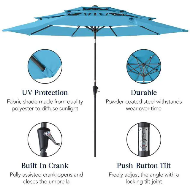Alt view image 6 of 7 - 10ft 3-Tier Market Patio Umbrella, Outdoor Sun Shade with Tilt, Crank Lift, 8 Ribs for Backyard, Deck, Poolside Sky Blue