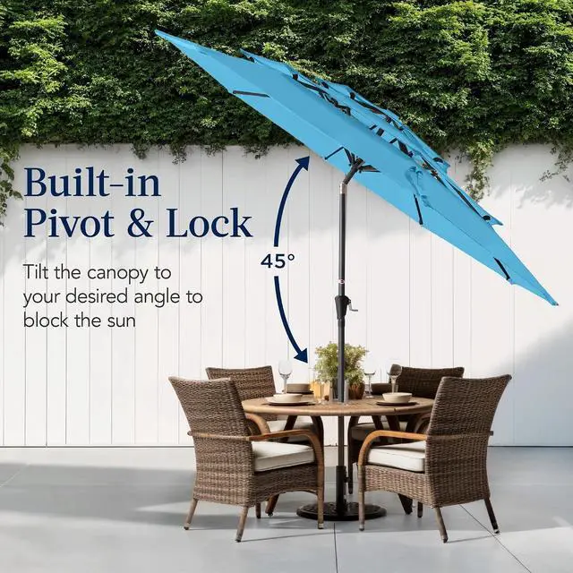 Alt view image 5 of 7 - 10ft 3-Tier Market Patio Umbrella, Outdoor Sun Shade with Tilt, Crank Lift, 8 Ribs for Backyard, Deck, Poolside Sky Blue