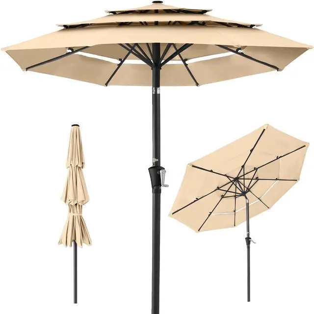 Main image of 10ft 3-Tier Market Patio Umbrella, Outdoor Sun Shade with Tilt, Crank Lift, 8 Ribs for Backyard, Deck, Poolside Sand