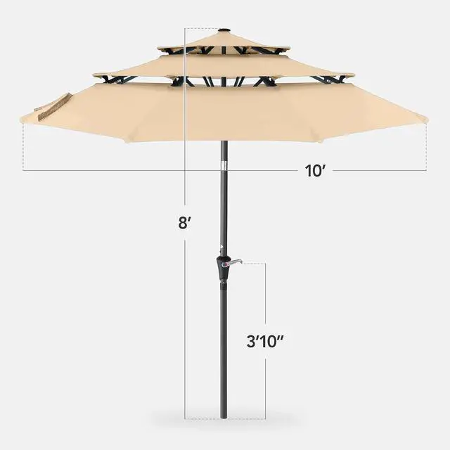 Alt view image 2 of 7 - 10ft 3-Tier Market Patio Umbrella, Outdoor Sun Shade with Tilt, Crank Lift, 8 Ribs for Backyard, Deck, Poolside Sand