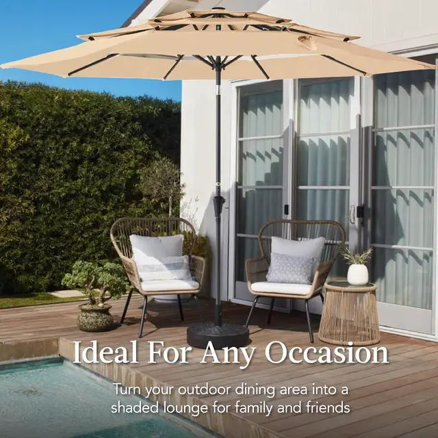 Alt view image 4 of 7 - 10ft 3-Tier Market Patio Umbrella, Outdoor Sun Shade with Tilt, Crank Lift, 8 Ribs for Backyard, Deck, Poolside Sand